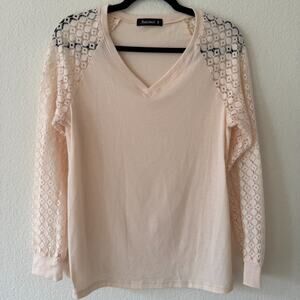 AUTOMET Crochet Lace Long Sleeve Blouse V Neck Pink M Eyelet Cozy Coquette
